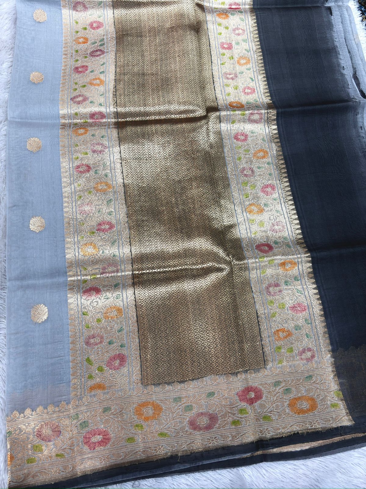Silver Grey Meenakari Kora Banarasi Saree