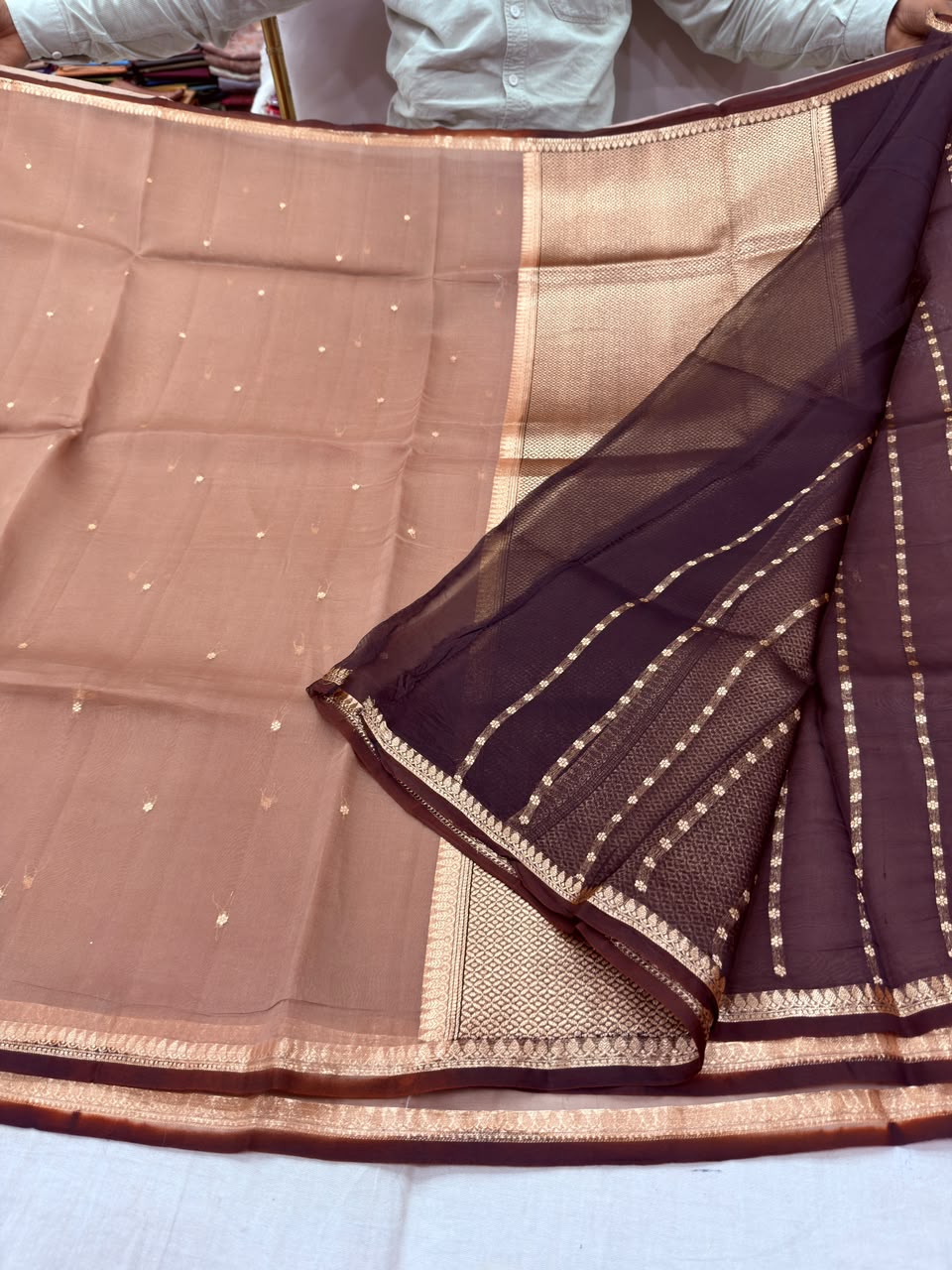 Dual-Tone Banarasi Kora Silk Saree with Antique Gold Zari & Wine Pallu