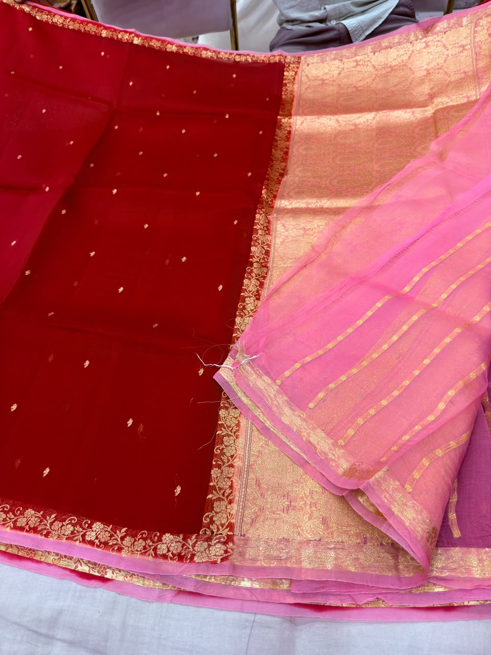 Crimson Red Banarasi Kora Organza Saree with Zari Woven Border & Contrasting Pink Pallu