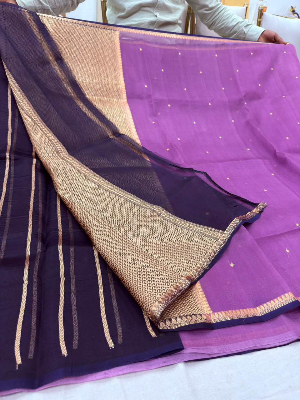 Royal Purple & Lilac Banarasi Kora Organza Saree with Zari Woven Border & Contrast Stripes