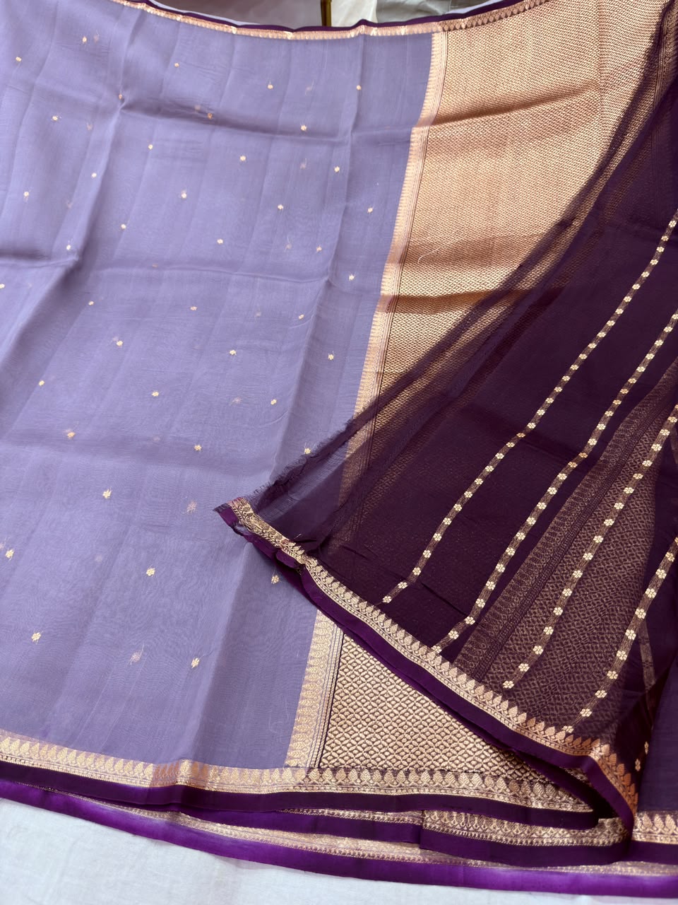 Lavender Banarasi Kora Organza Saree with Gold Zari Jaal Pallu & Deep Plum Contrast