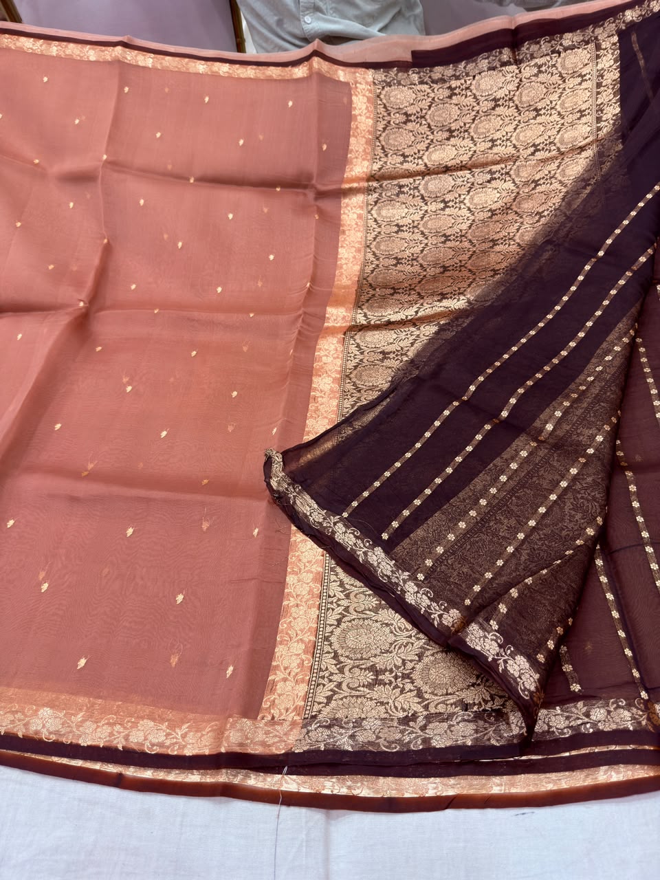 Dusty Rose Banarasi Kora Organza Saree with Antique Zari Floral Pallu & Deep Wine Contrast