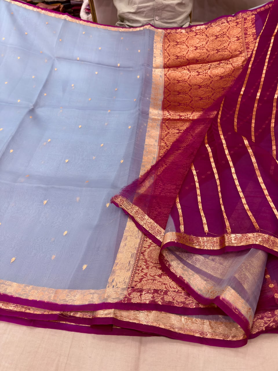 Powder Blue Banarasi Kora Organza Saree with Woven Gold Zari Pallu & Deep Magenta Contrast