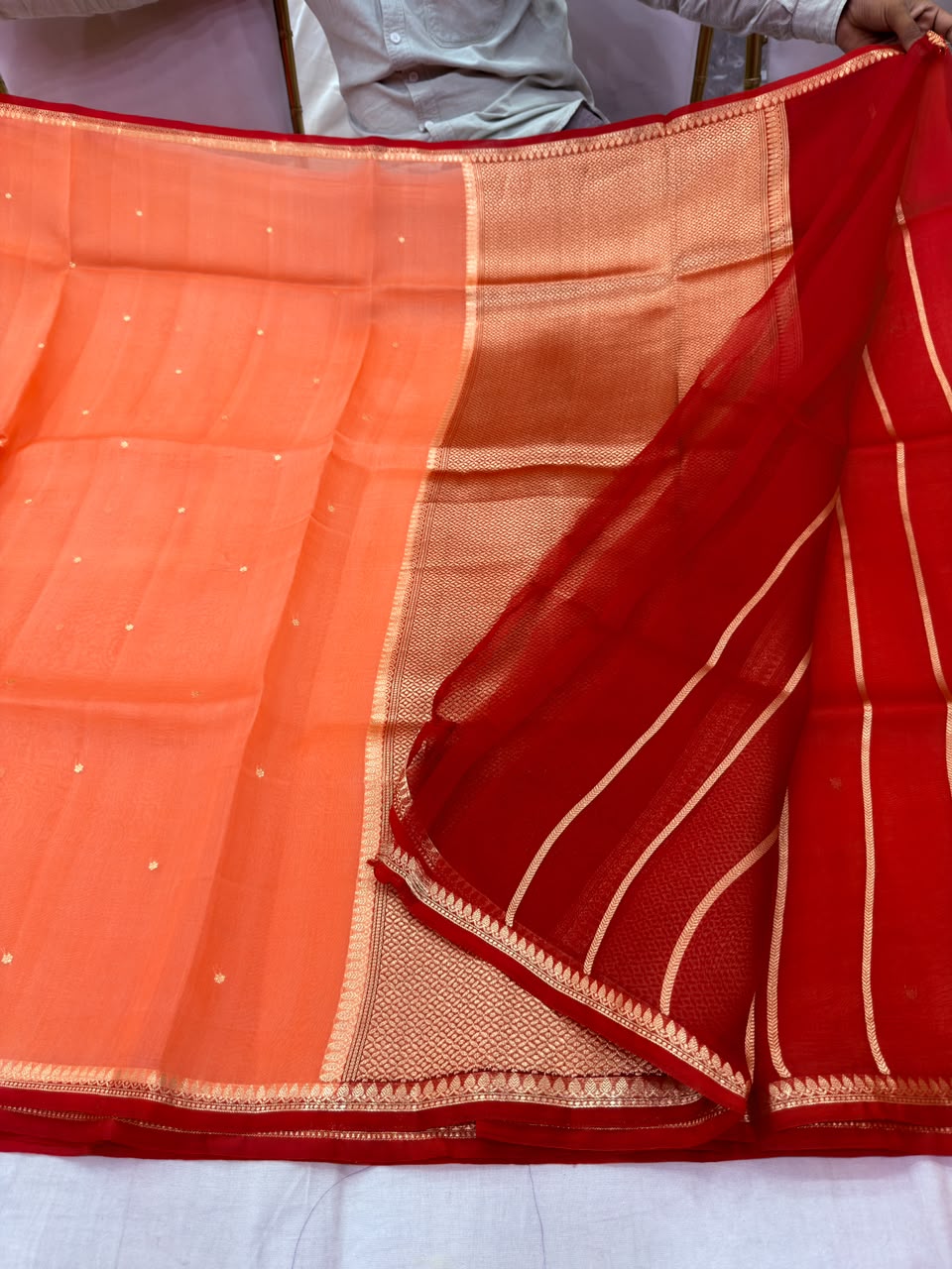 Bright Peach-Orange Banarasi Kora Organza Saree with Gold Zari Jaal Pallu & Crimson Red Contrast