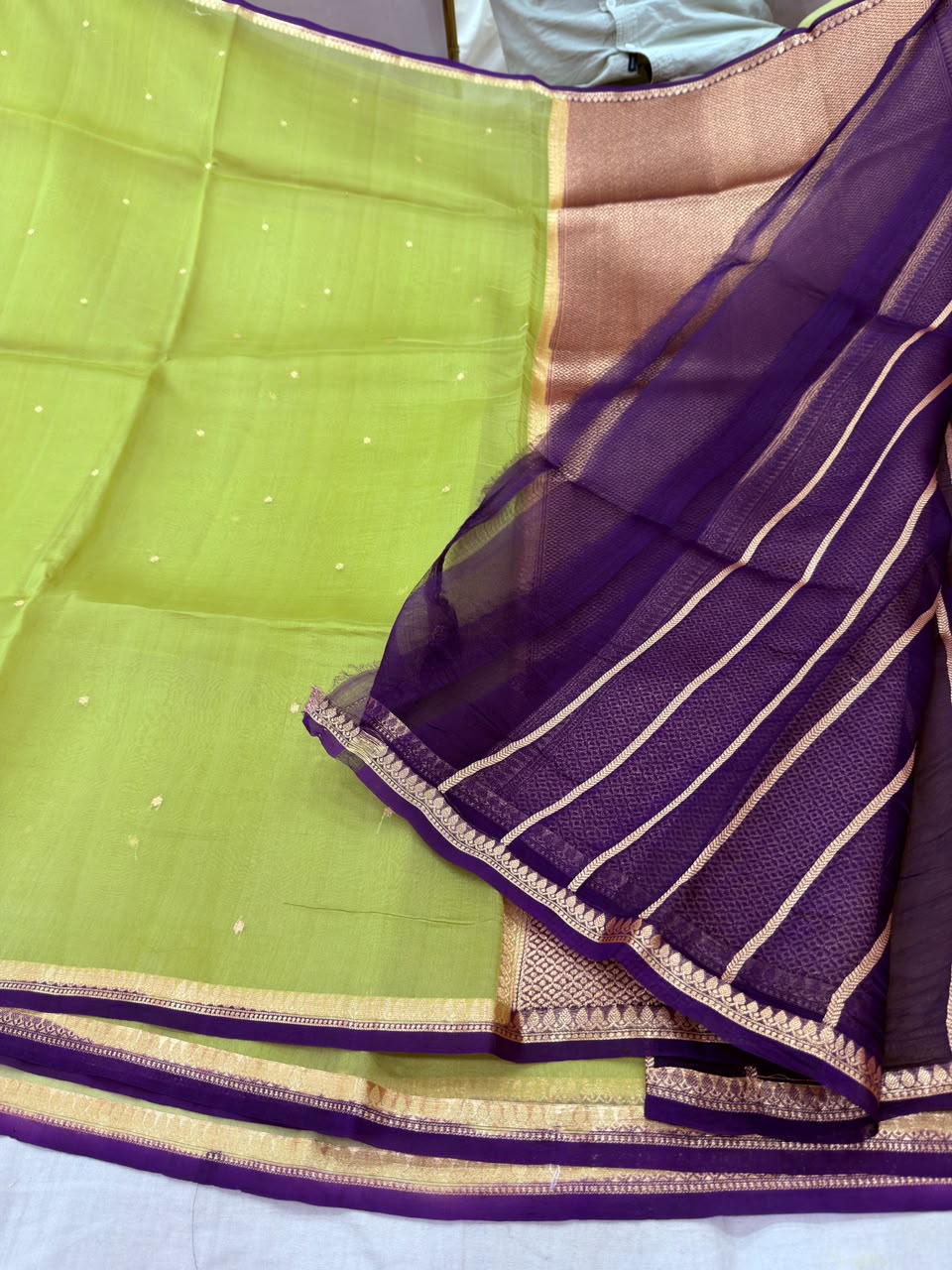 Lime Green Banarasi Kora Organza Saree with Rose-Gold Zari Pallu & Royal Purple Contrast