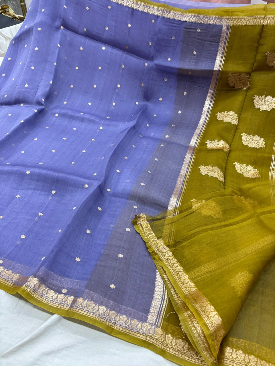 Lavender & Olive Green Banarasi Kora Silk Saree with Zari Booti