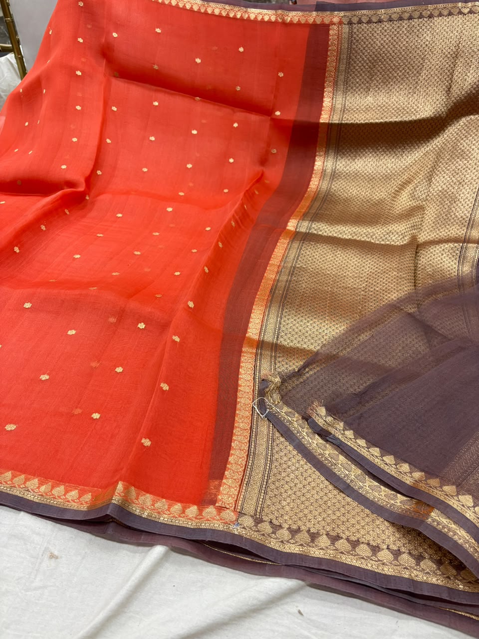 Coral Red & Deep Brown Banarasi Kora Silk Saree with Antique Gold Zari