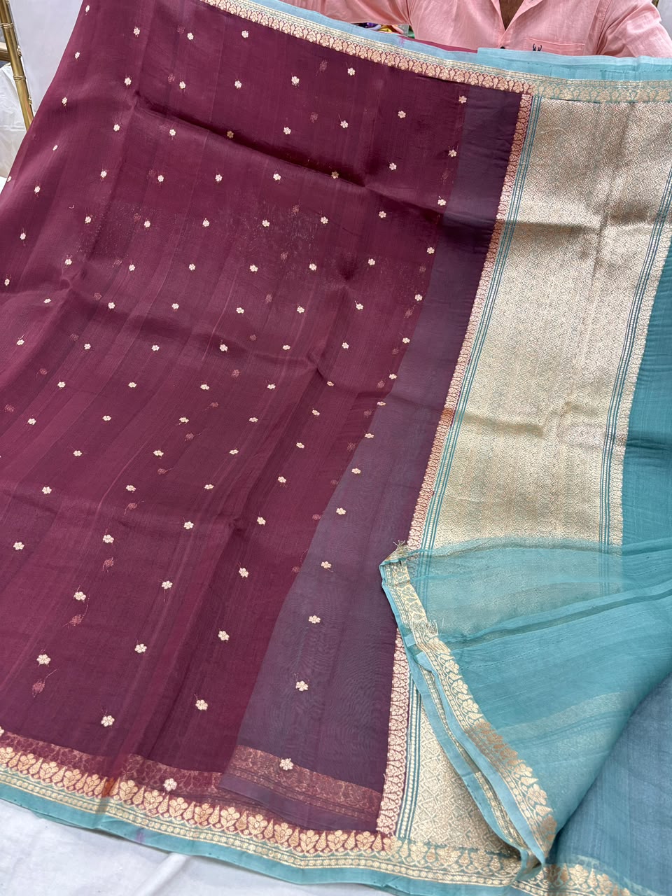 Deep Wine & Sea Green Banarasi Kora Silk Saree with Champagne Zari