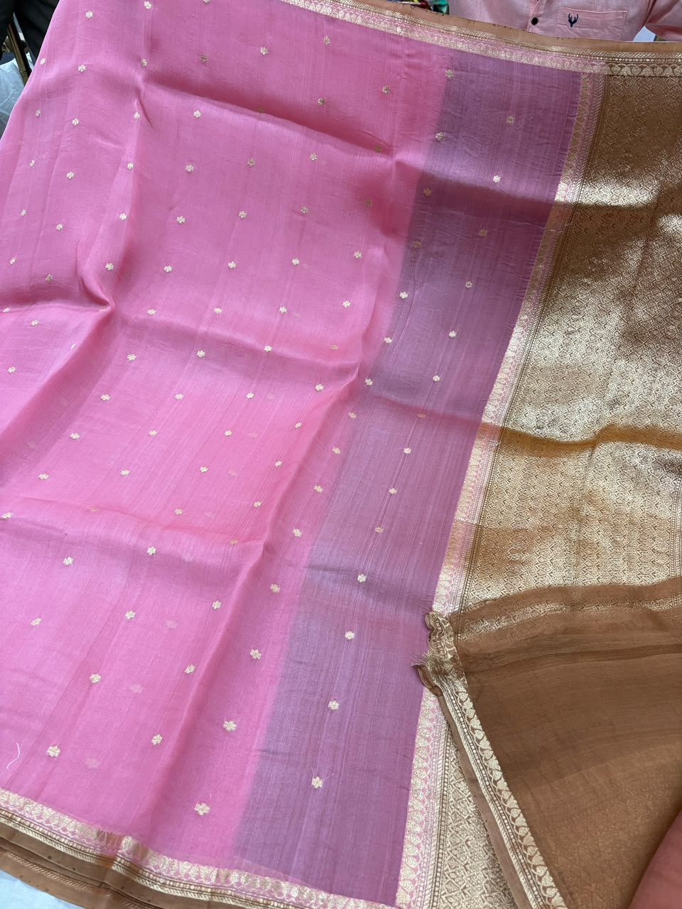 Ethereal Pink Banarasi Tissue Silk Saree with Zari Booti & Contrast Pallu