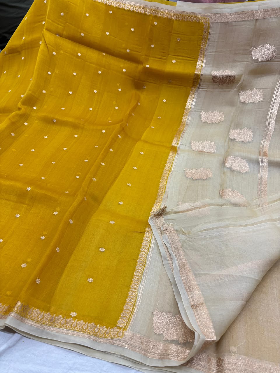 Mustard Yellow & Off-White Handloom Kadhua Silk Saree