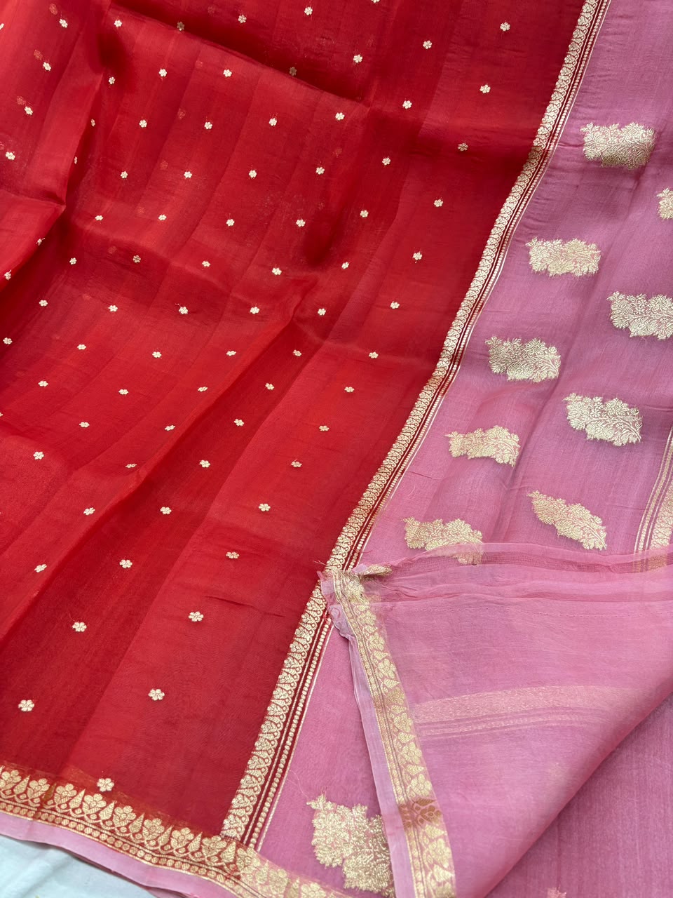Dual-Tone Banarasi Kora Silk Designer Saree in Crimson Red & Dusty Pink