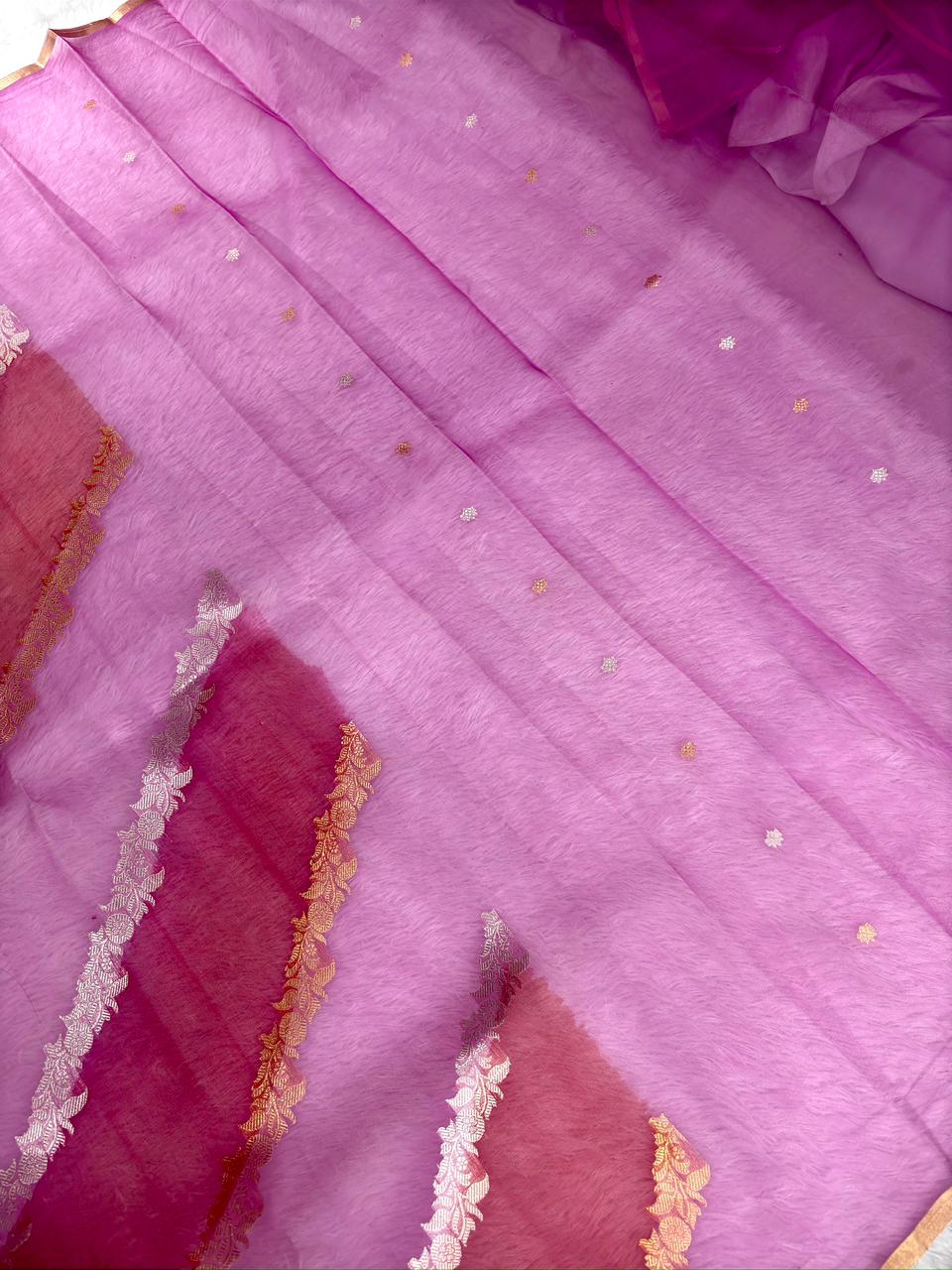 Handloom Banarasi Kora Rungkaat Saree (half n half) in Magenta & Orchid Pink with Kadhua Silver and Gold Zari